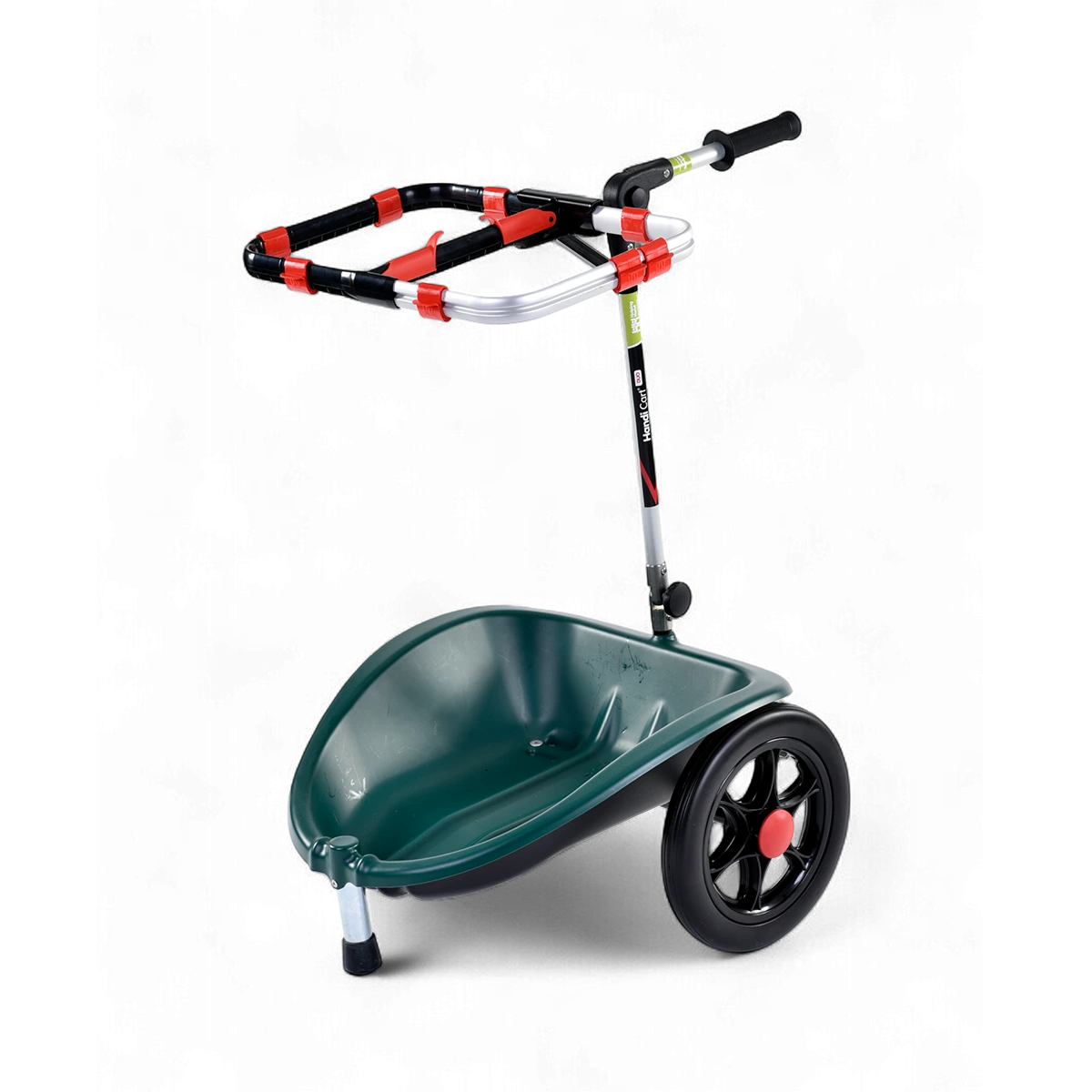 A green Handi Cart Duo dual recycling trolley with black wheels and red detailing. It has a detachable hoop and a foldable design.