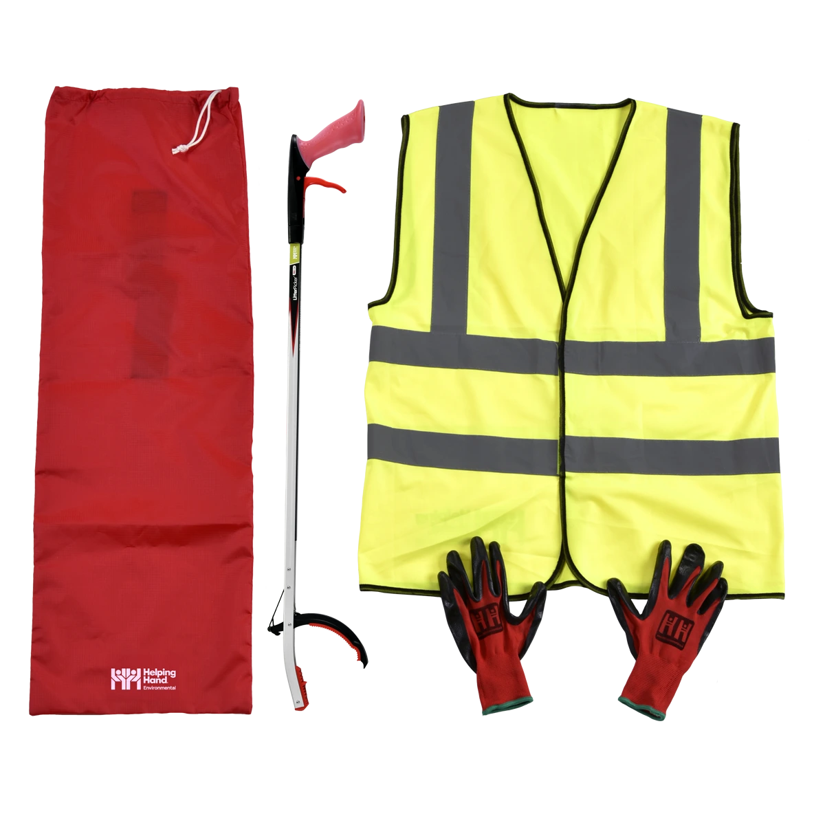 Helping Hand Adult Litter Picking Kit including a yellow safety vest, red gloves, a litter picker and a red bag.