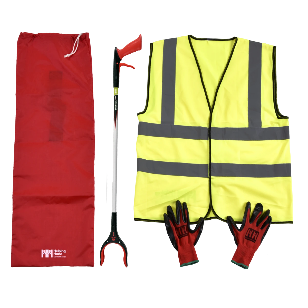 Adult Tidy Up Kit with Safety vest, gloves, litter picker, and red bag.