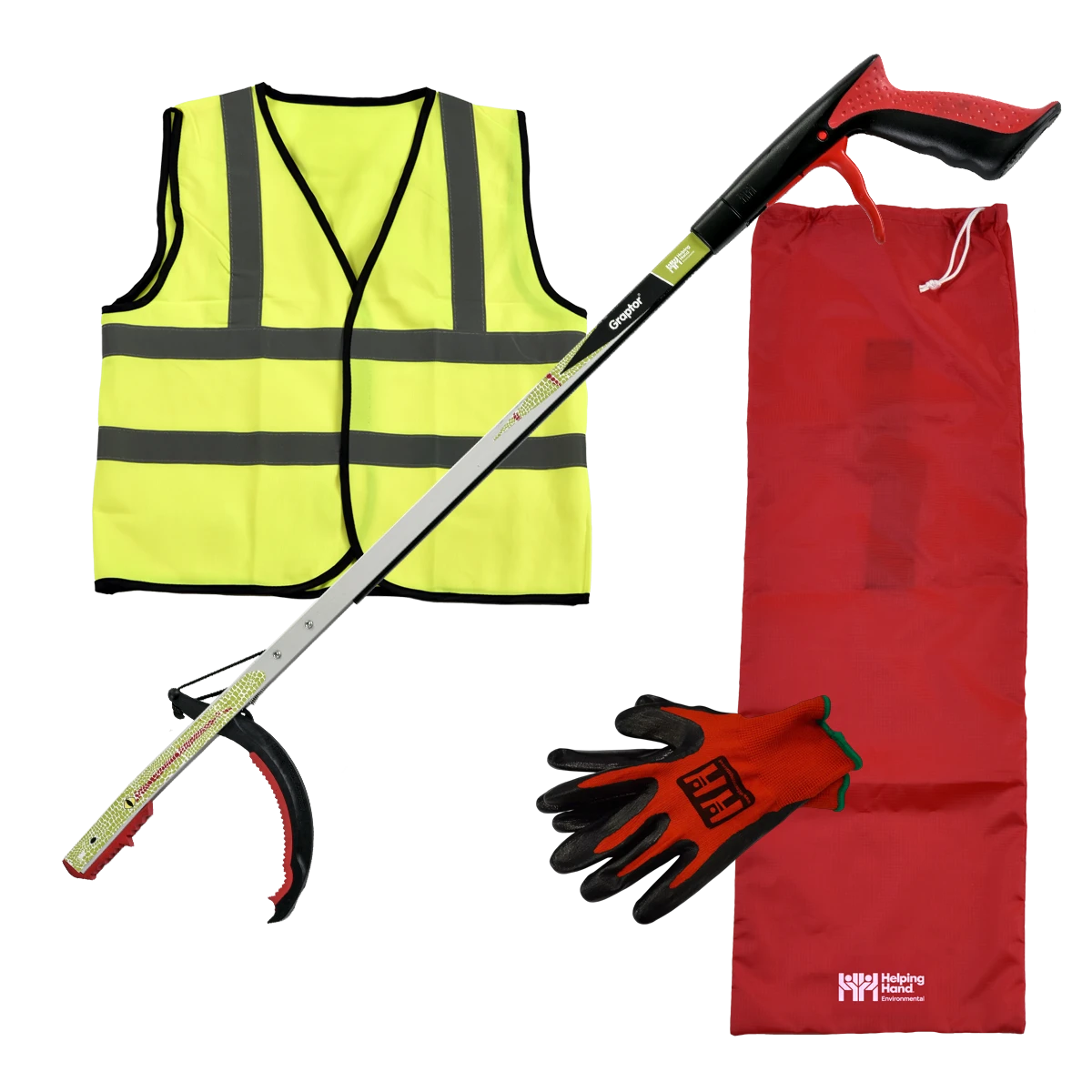 Kids litter picking bundle with hi-vis, gloves and Graptor. 