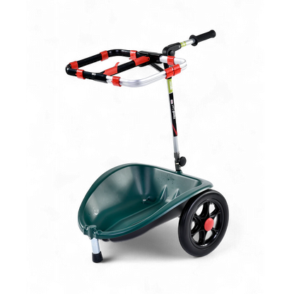 A green Handi Cart Duo dual recycling trolley with black wheels and red detailing. It has a detachable hoop and a foldable design.