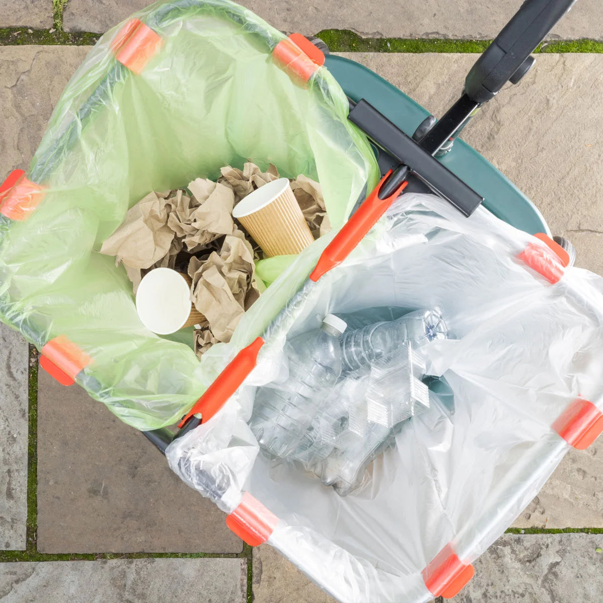 Handi Cart Duo Litter trolley filled with outdoor rubbish. 
