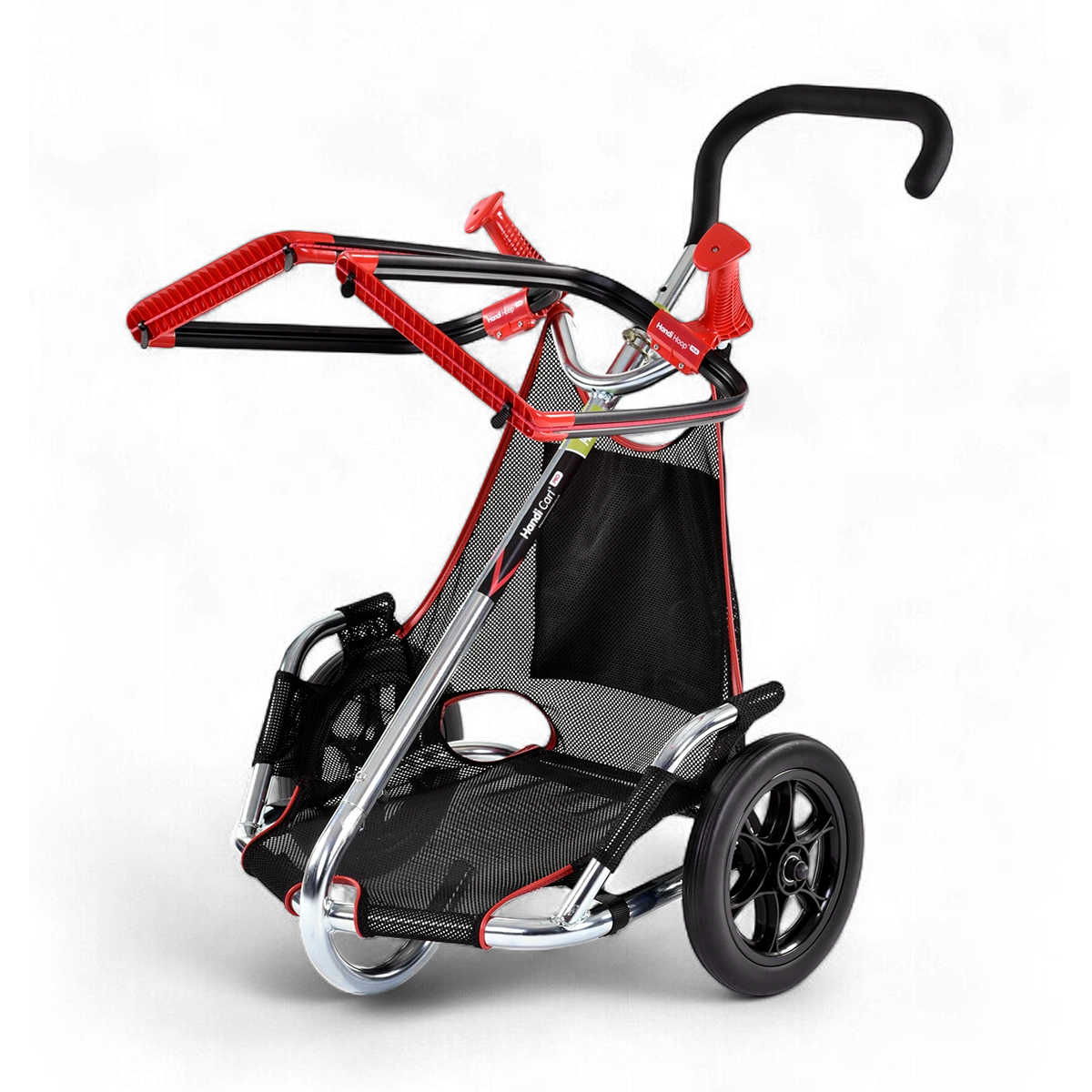 A black Handi Cart PRO with red accents, featuring a bin collection system, with a black bag attached and a pair of red-handled detachable hoops.