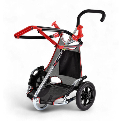 A black Handi Cart PRO with red accents, featuring a bin collection system, with a black bag attached and a pair of red-handled detachable hoops.