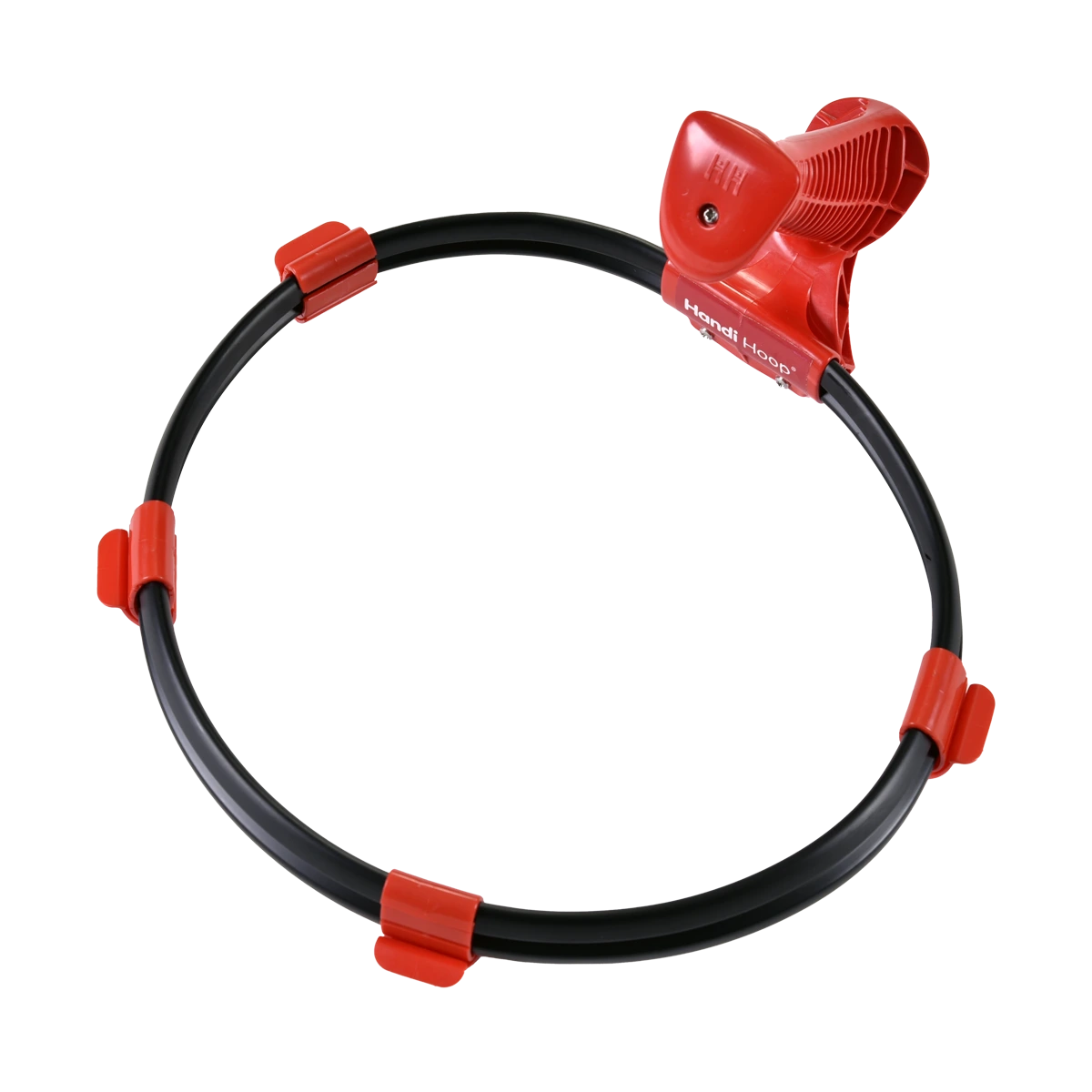 A child-sized Handi-Hoop litter picking hoop with a red handle and black ring, featuring plastic clips for securing bin bags.