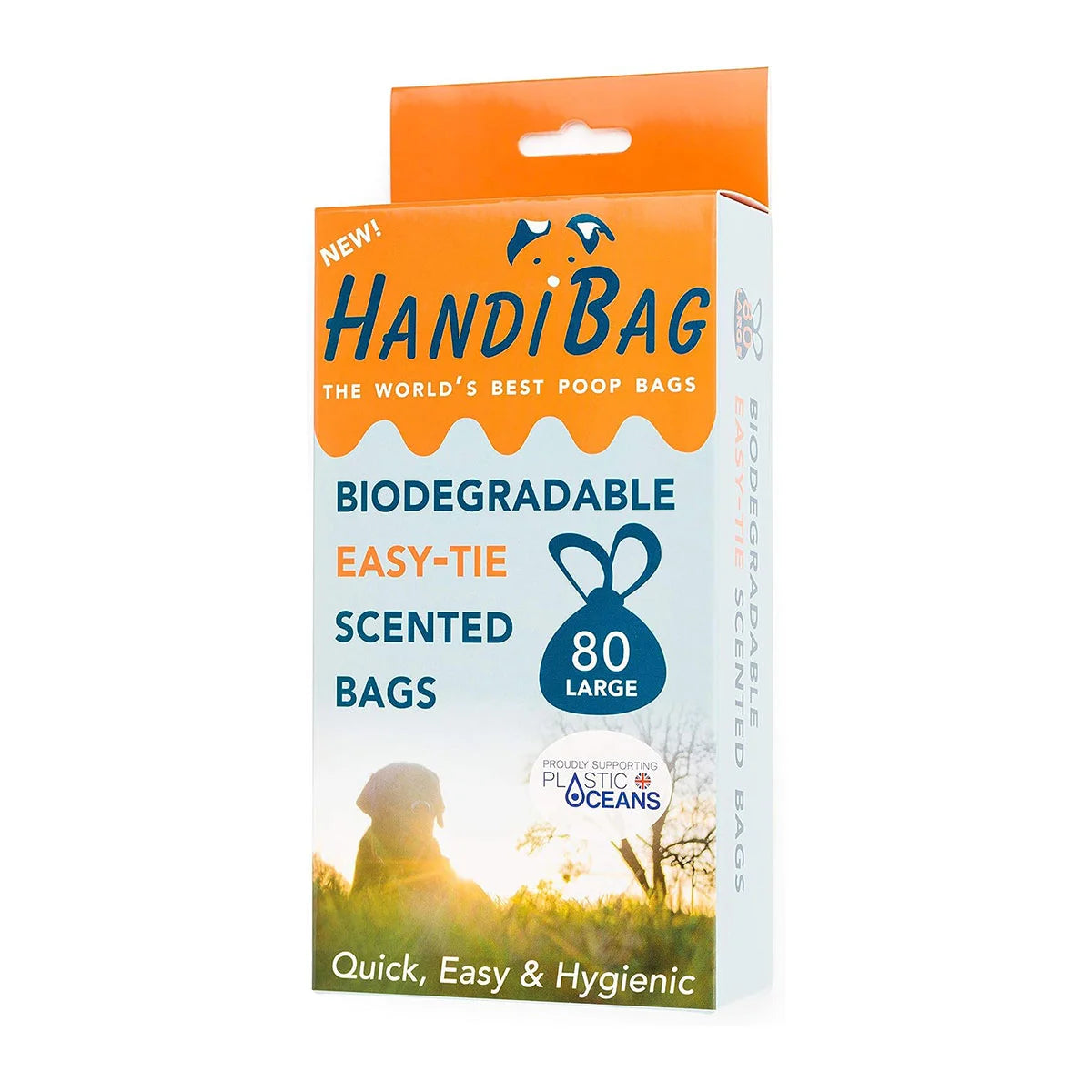 Handi Scoop biodegradable easy-tie scented poop scoop bags.