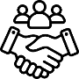 Icon of two hands shaking with a group of people above on a white background